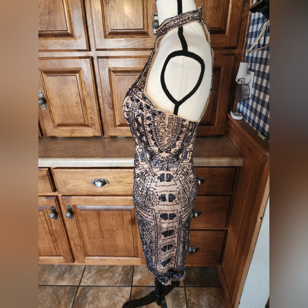 Sherri Hill Nude and Black Beaded Halter Prom Dress - Picture 16 of 16